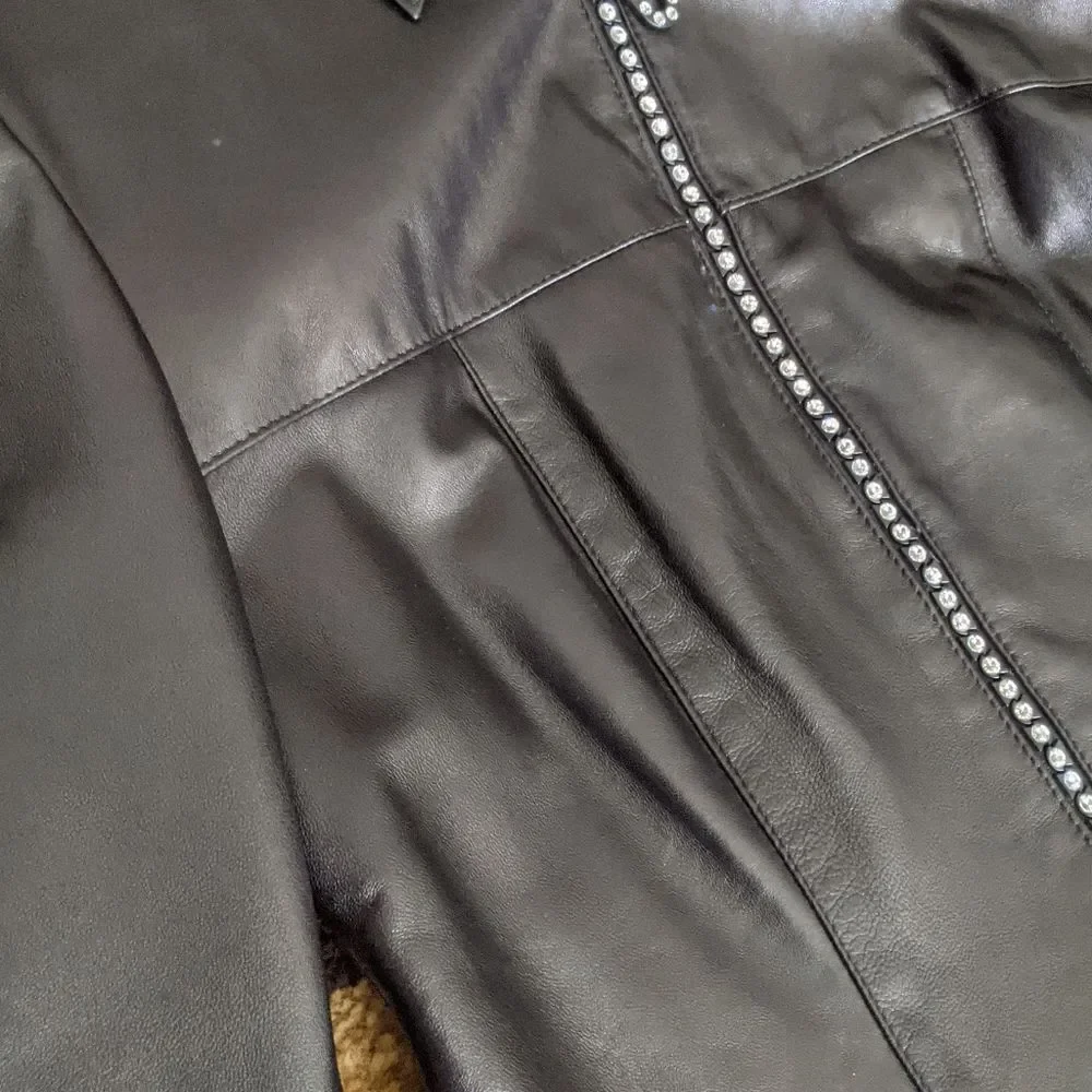 Isabel Black Real Leather Crystal Zipper Jacket XS